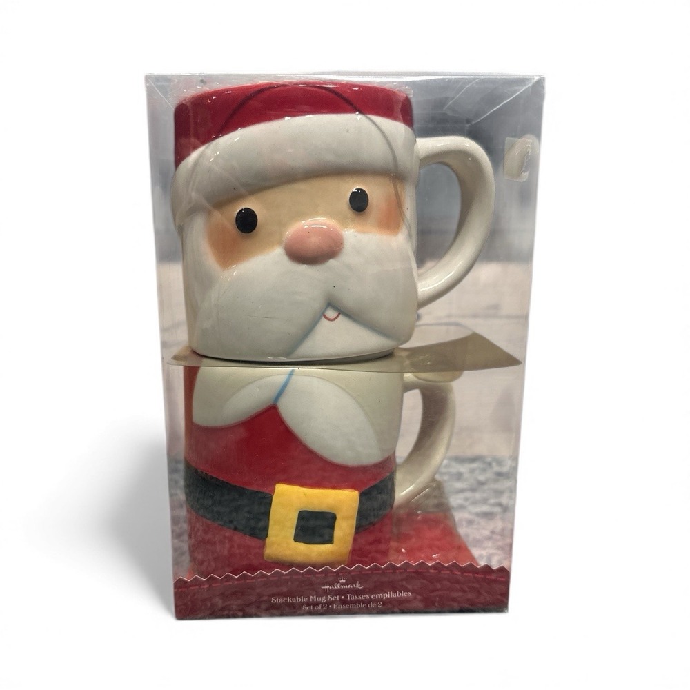 Hallmark Christmas Santa Claus Stackable Mugs Set of 2 Red Ceramic Vintage New